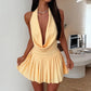 Sexy Women Mini Dress Solid Color Tie-Up Halter Neck Cowl Neck Sleeveless Dress Summer Fashion Casual Pleated Dress