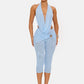 Mesh Patchwork 2 Piece Ste Woman Halter Swing Collar Backless Tank Tops+Metal Trim Elastic Waist Shorts Sexy Fashion Suits