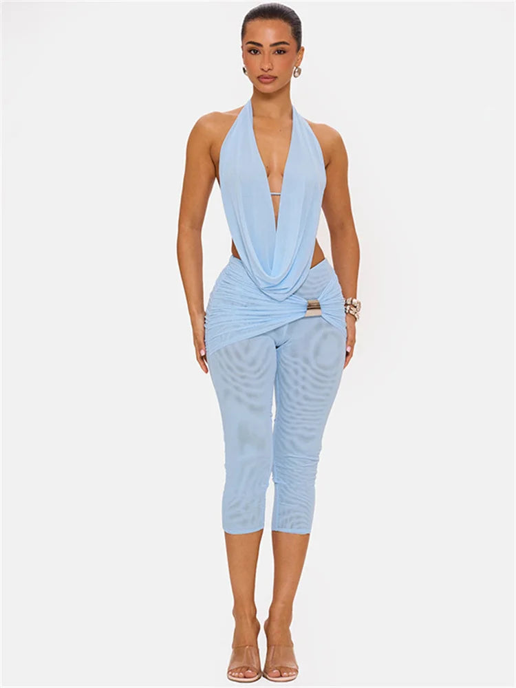 Mesh Patchwork 2 Piece Ste Woman Halter Swing Collar Backless Tank Tops+Metal Trim Elastic Waist Shorts Sexy Fashion Suits