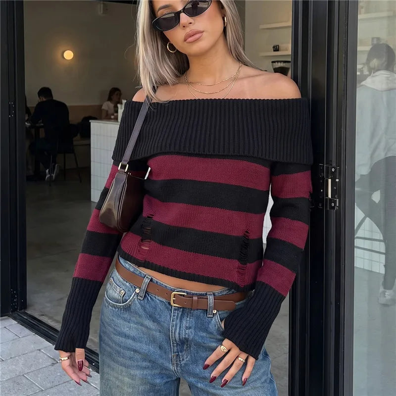 Women Off Shoulder Striped Knit Sweater Long Sleeve Distressed Ripped Hollow Out Loose Pullover Y2K Street Knitted Top