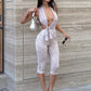 Serpentine Print Jumpsuits Women Irregular Hollow Halter Low-Neck Ruched Knot Backless Skinny Peach Buttocks Overalls