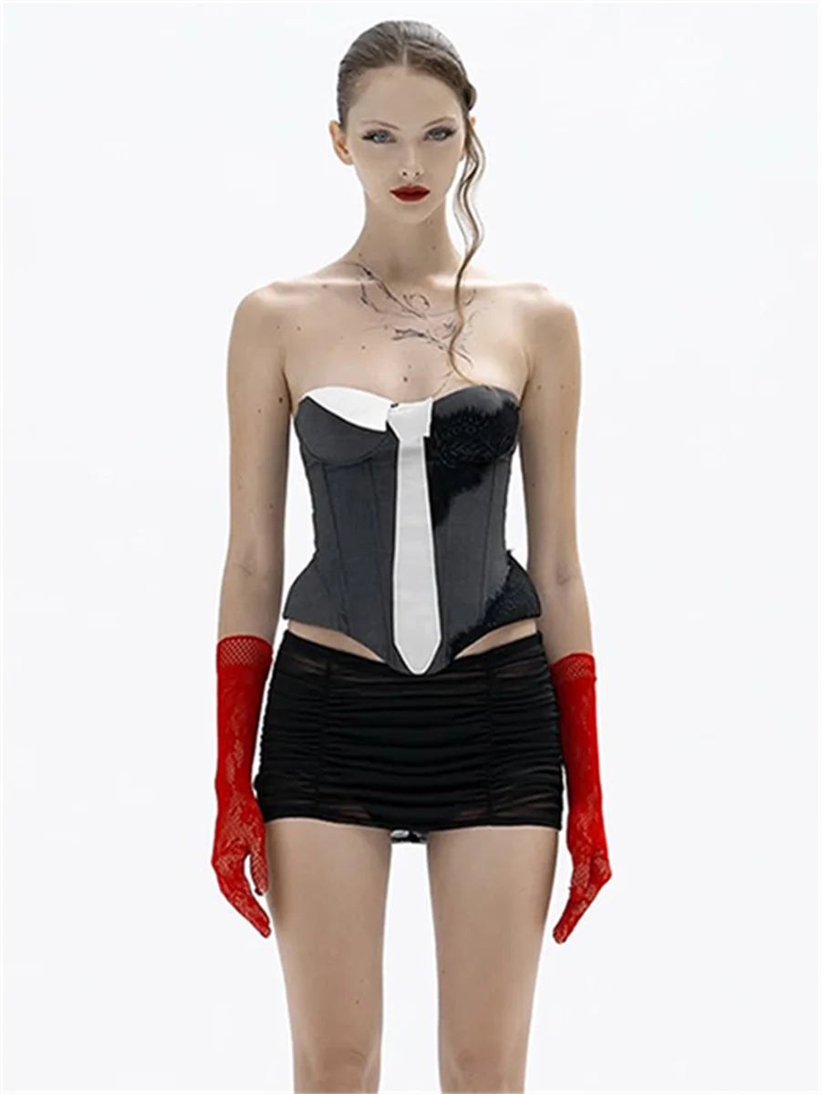 Sleeveless Fashion PU Patchwork Tank Top Women Sexy Trend Tie Irregular Hem Coquette Midnight Party Club Skinny Vests