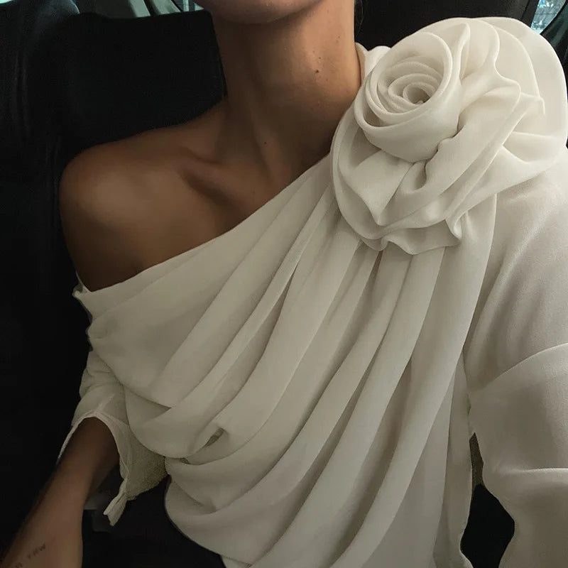 Elegant Tops for Women Asymmetric 3d Floral Applique One Shoulder Long Sleeve Shirts & Blouses French Vintage