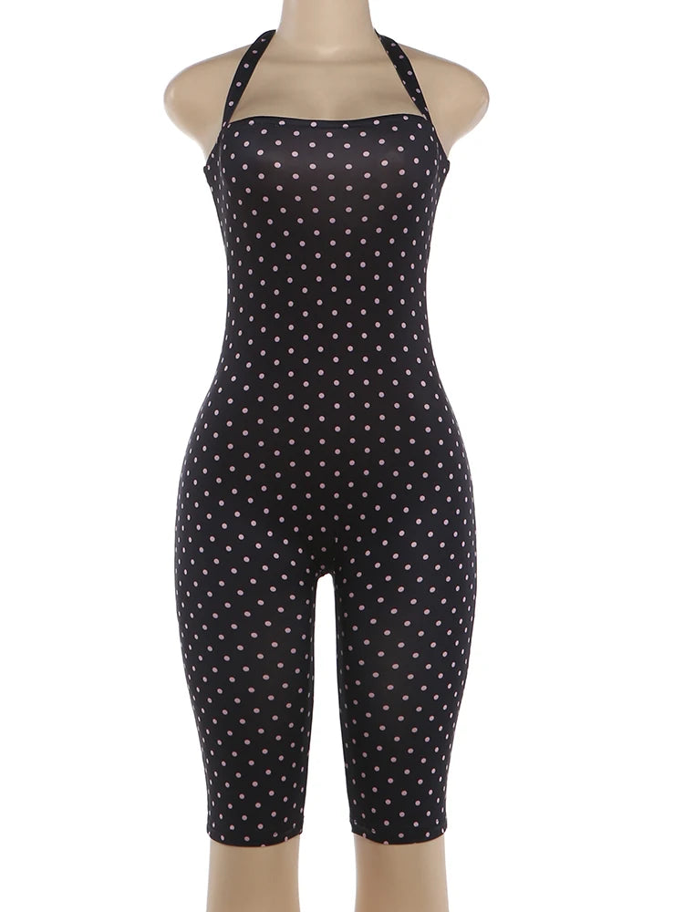 Polka Dot Print Backless Rompers Woman Summer Sexy Bandage Halter Sleeveless Skinny Peach Hip Streetwear Playsuits