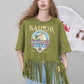 2025 Summer New Arrivals Women's Fringe Graphic Print T-Shirt Relaxed Fit Statement Tee