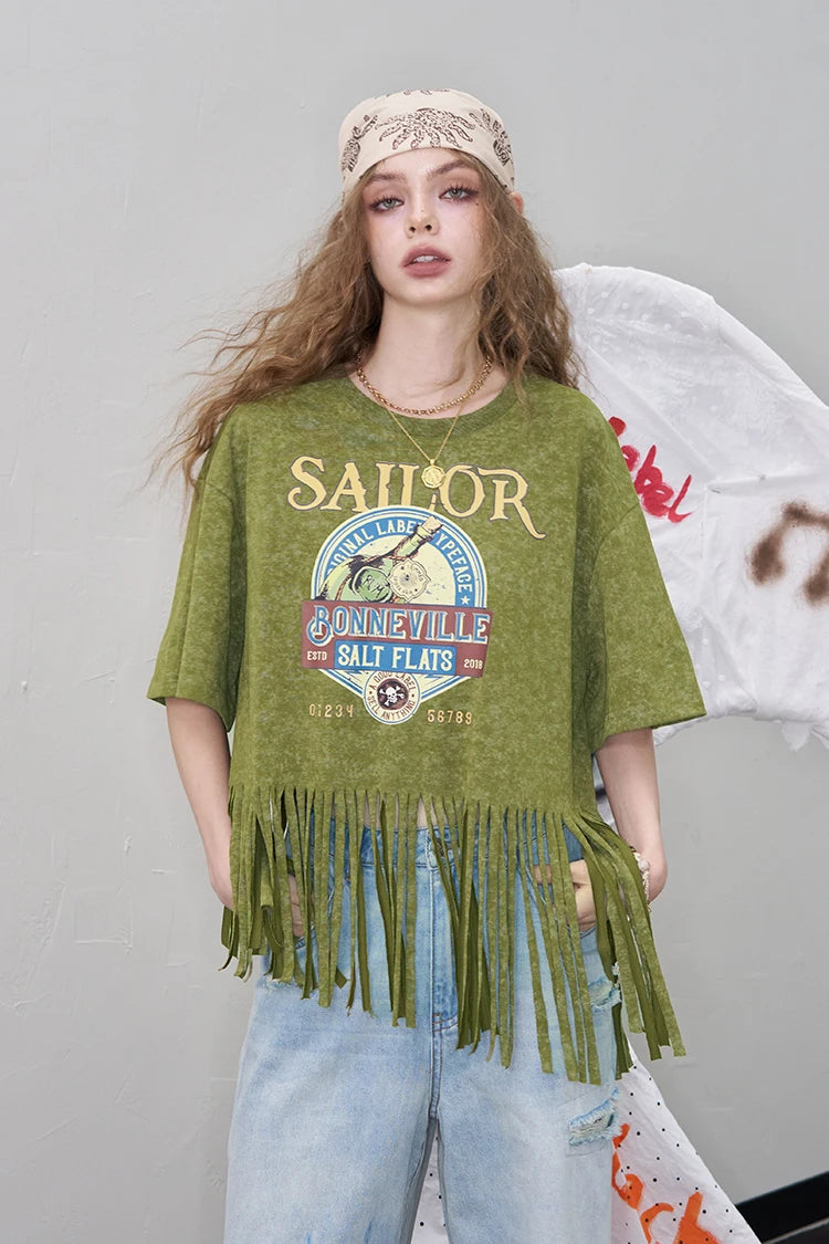 2025 Summer New Arrivals Women's Fringe Graphic Print T-Shirt Relaxed Fit Statement Tee
