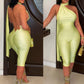 Backless Halter Satin Romper Women Fashion Trend Metal Ring Patchwork Ribbon Knot Sleeveless Sexy Street Clubwear