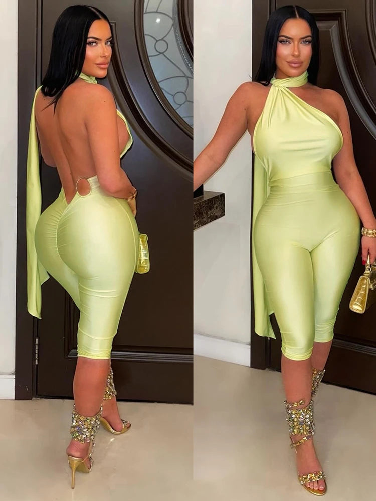 Backless Halter Satin Romper Women Fashion Trend Metal Ring Patchwork Ribbon Knot Sleeveless Sexy Street Clubwear