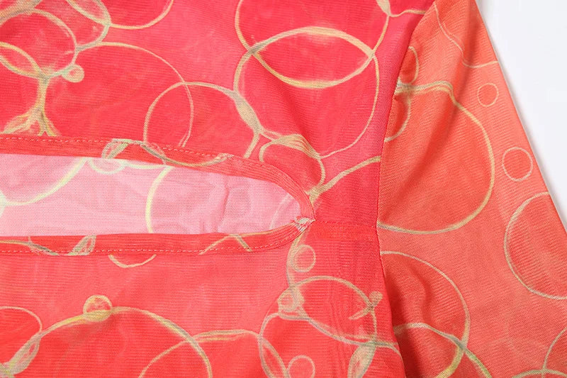 See Through Mesh Print Mermaid Dresses Woman Sexy Beach Party Hollow Long Sleeve Maxi Dress