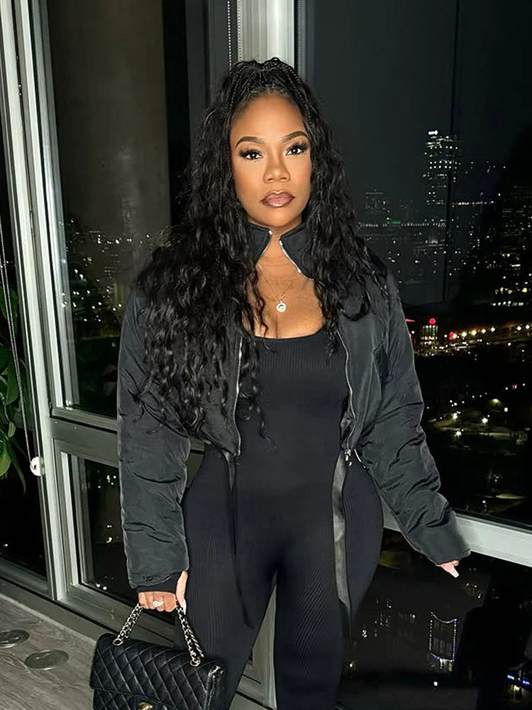 Ribbon Winter Warm Zip Crop Jacket Women Pocket Turtleneck Full Sleeve High Street Hipster Basic Puffer Quilted Parkas