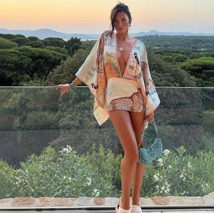 Animal Print Deep V-neck Mini Dress with Batwing Sleeves Sexy Backless Holiday Dresses Woman Clothing