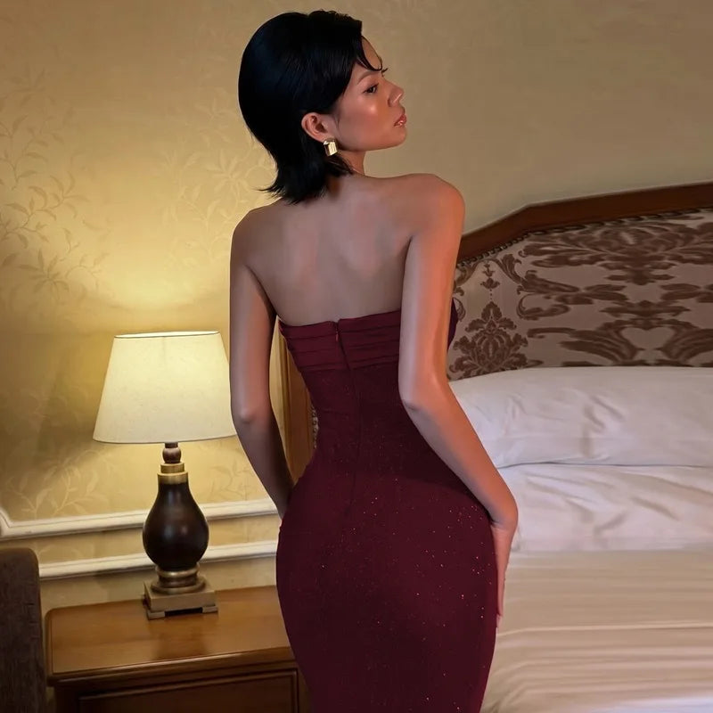 Glitter Burgundy Strapless Maxi Dress Elegant Evening Gown Sexy Birthday Mermaid Dresses Luxury 2026