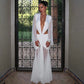 White Mesh Deep V Neck Long Sleeve Pleated Maxi Dresses Woman Elegant Party Dress Wedding Guest
