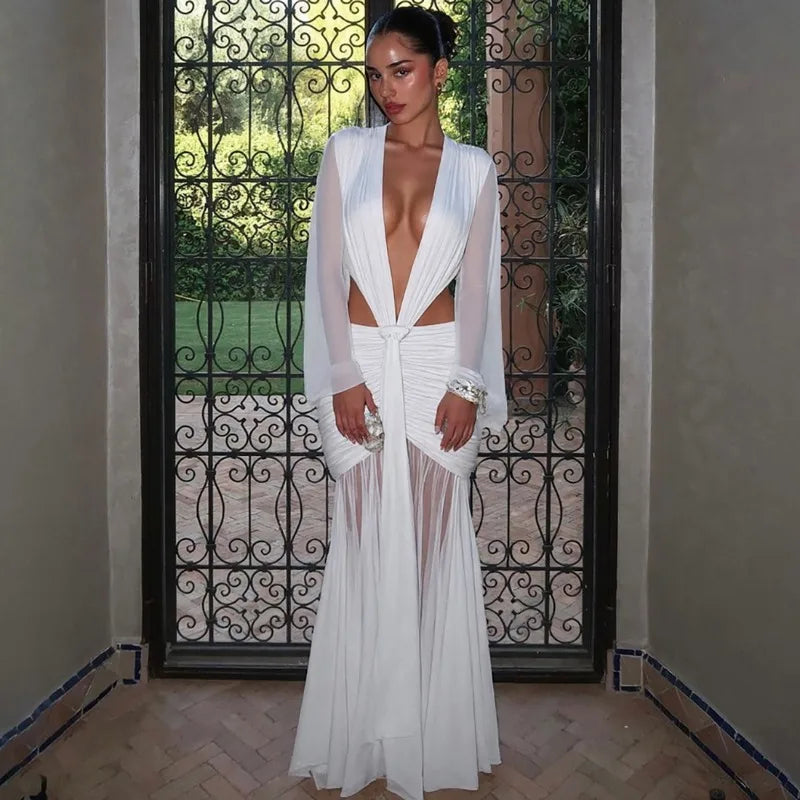 White Mesh Deep V Neck Long Sleeve Pleated Maxi Dresses Woman Elegant Party Dress Wedding Guest
