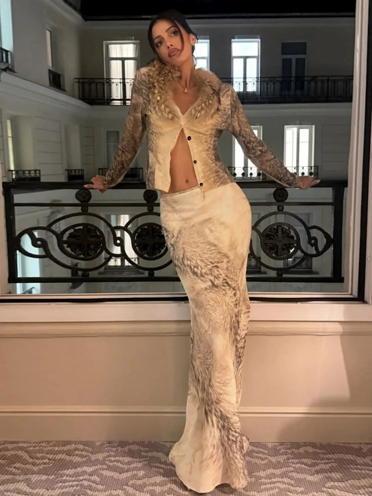Sexy 2 Piece Sets Woman Outfit Faux Fur Collar V Neck Long Sleeve Cardigan and Maxi Skirt Matching Set