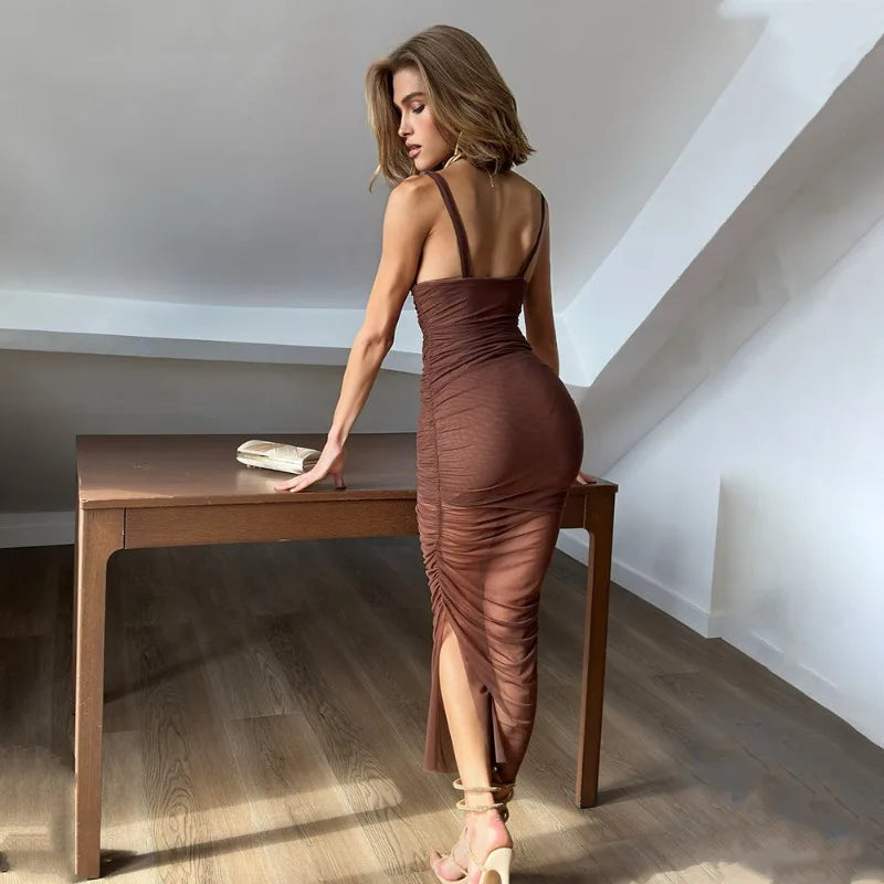 Spaghetti Strap Deep V Backless Split Long Dresses for Women See Through Ruched Mesh Dress Sexy Party Outfits