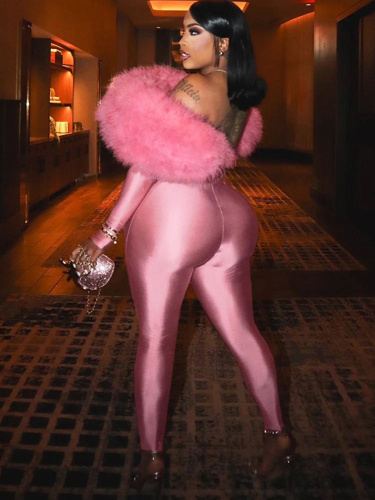 Furry Slash Neck Jumpsuits Woman Luxury Hipster Patchwork Trend Sexy Hollow Stretch Fitness Club Activity Overalls