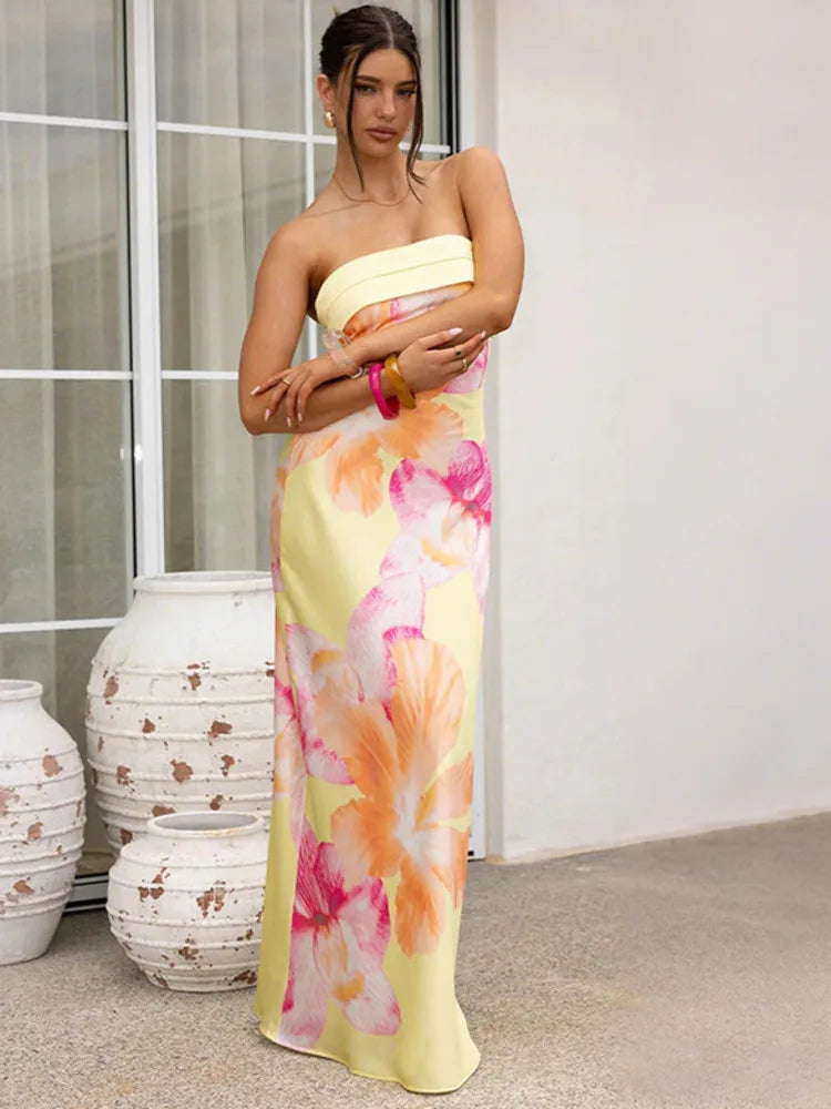 Satin Print Off-shoulder Sexy Maxi Dress Women Gown Elegant Strapless Sleeveless Backless Club Party Long Dresses
