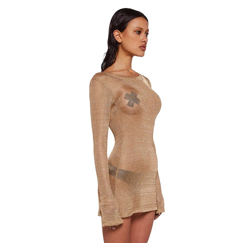 See-through Sexy Spring Dress 2024 Long Sleeve Bodycon Mini Dress Festival Wear Chic Outfits for Women