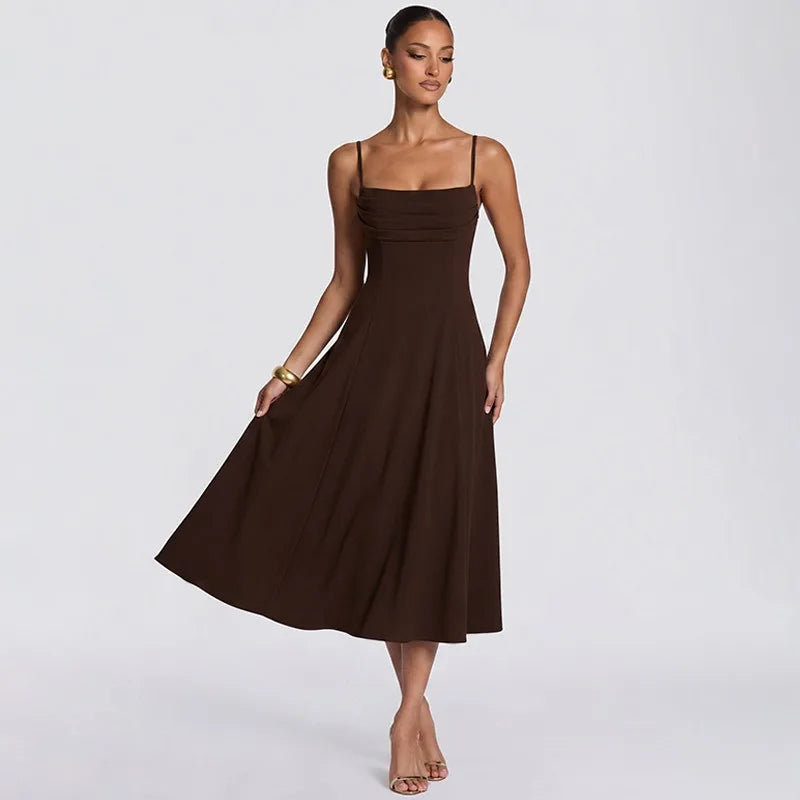 Spaghetti Strap A-line Midi Dress with Draped Neckline Elegant Brown Dresses for Woman 2026