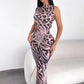 Sexy Fashion Long Dress Woman Leopard Print o-Neck Sleeveless High Waist Robe Midnight Club Party Elegant Vestidos