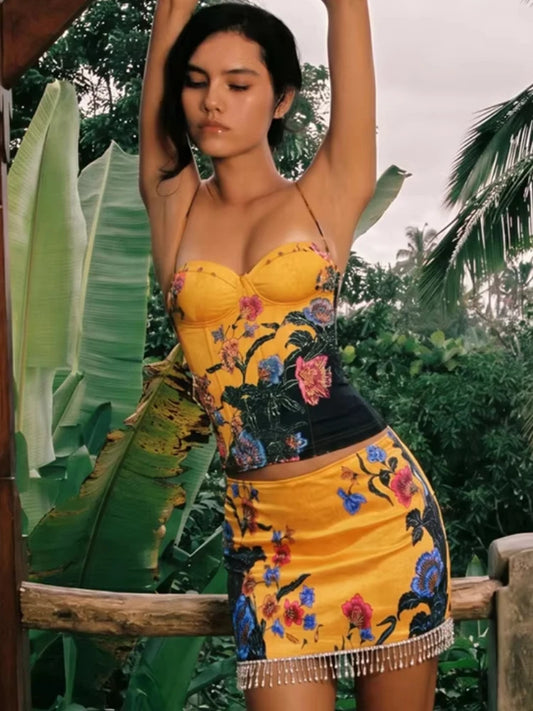 Summer Sexy Floral Print 2 Piece Set Women Trend Square Collar Tank Top+Beads Tassel Patchwork Skirt Fashion Party Suits