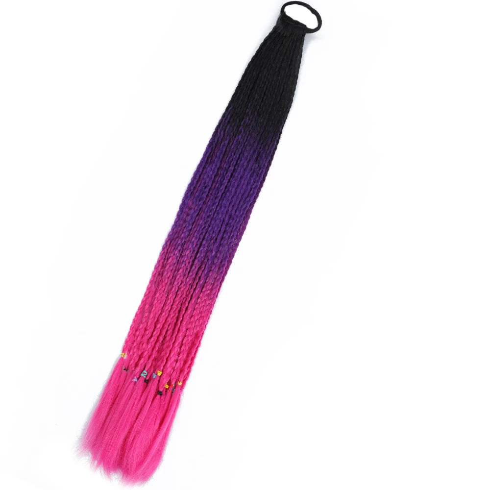 Synthetic 24inch Girls Colored Box Braided Ponytail With Elastic Rubber Band Hair Extensions Rainbow Color Box Pigtail Hairpiece