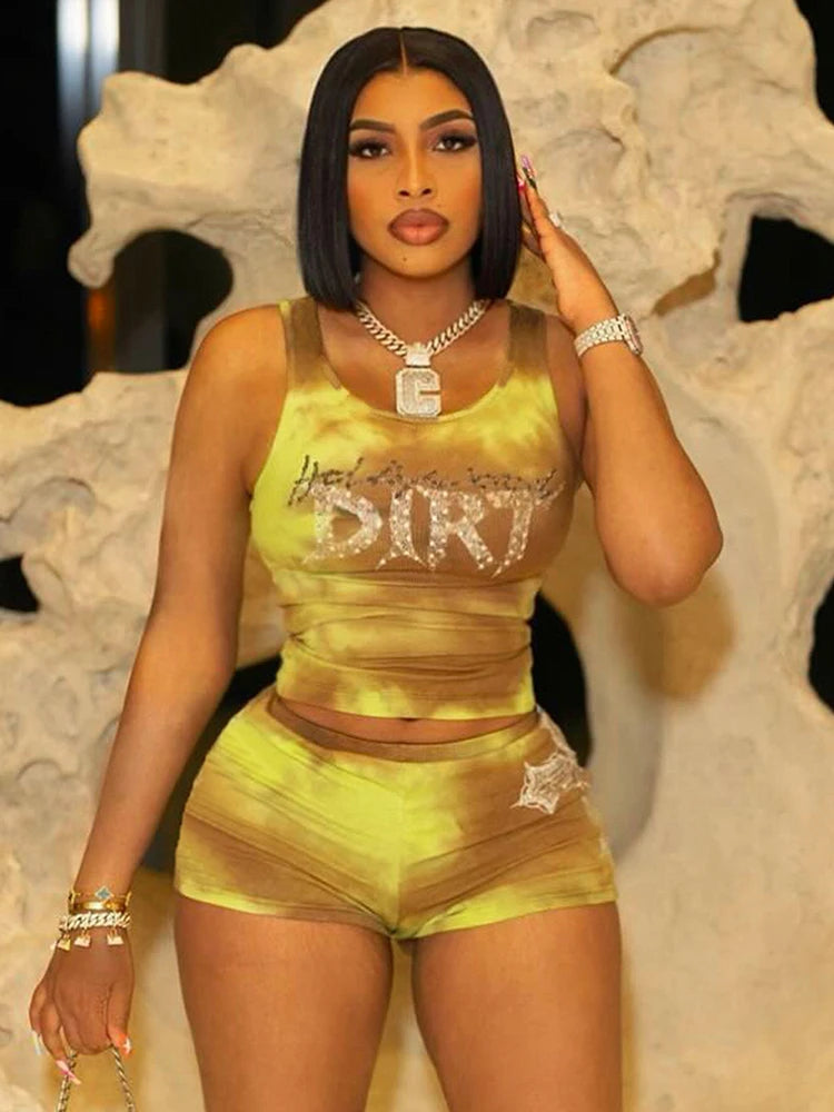 Rhinestones Letter 2 Piece Set Women Tracksuit Casual Ribbed Tank Tops+Bike Shorts Matching Skinny Street Outfits