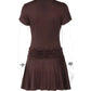 Short Sleeve Mini Dress with Keyhole Cutout and Ruched Waist Brown Black Dresses for Woman Clothing