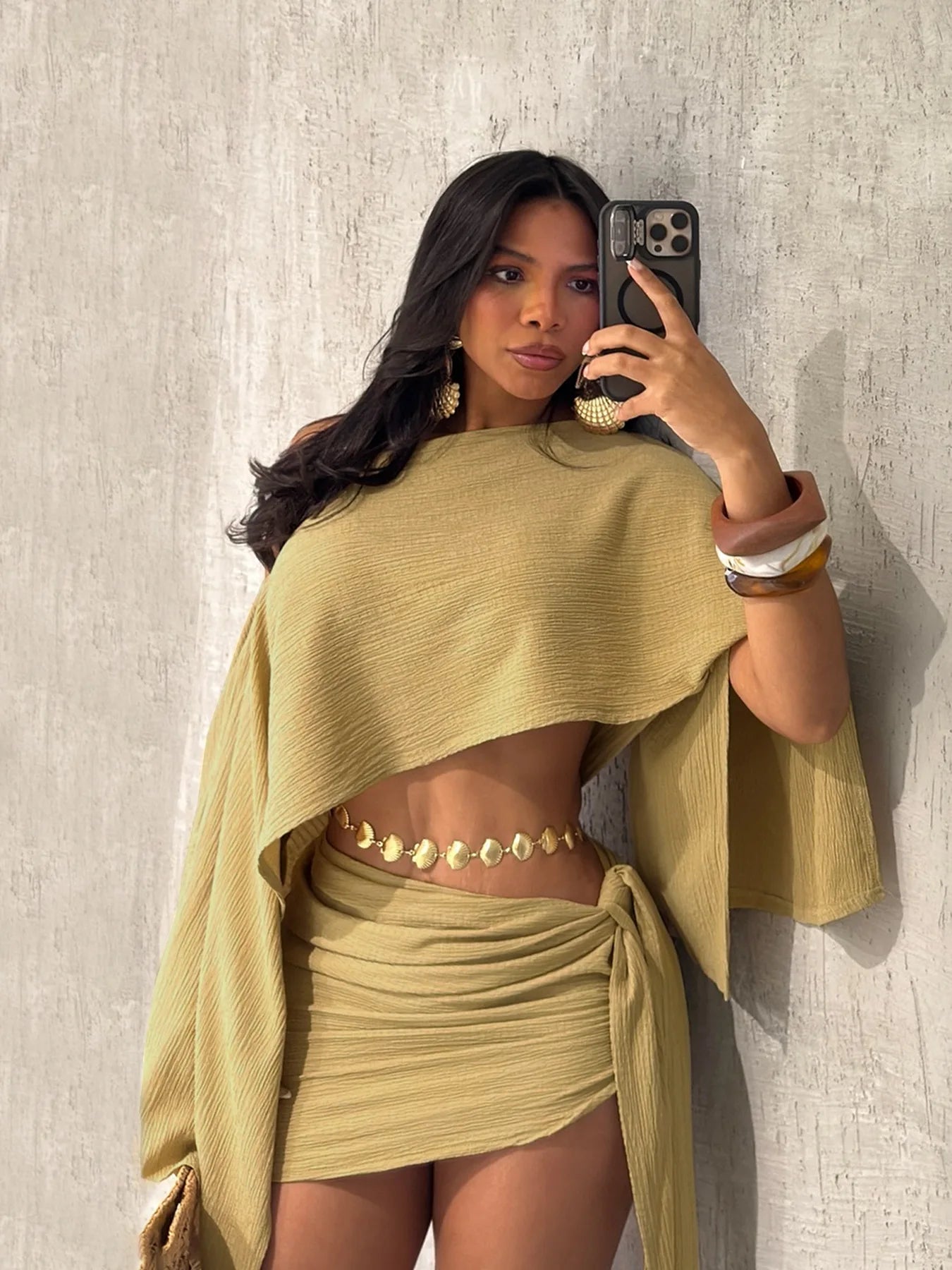 Sexy 2 Piece Set Women Skew Collar Loose Crop Tops+Ruched Knot Ribbon Skirt Matching Beach Vacation Party Club Suit