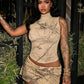Trend Hottie Print 2 Piece Set Women Sexy Turtleneck Sleeveless Tank Top+Peach Hip Mini Skirt Chic Party Streetwear