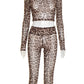 Sexy Leopard Print 2Piece Set Women See Through Long Sleeve Coquette Crop Top+Bike Shorts Stretch Matching Streetwear