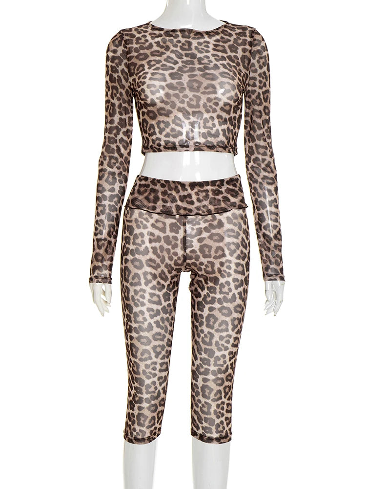 Sexy Leopard Print 2Piece Set Women See Through Long Sleeve Coquette Crop Top+Bike Shorts Stretch Matching Streetwear