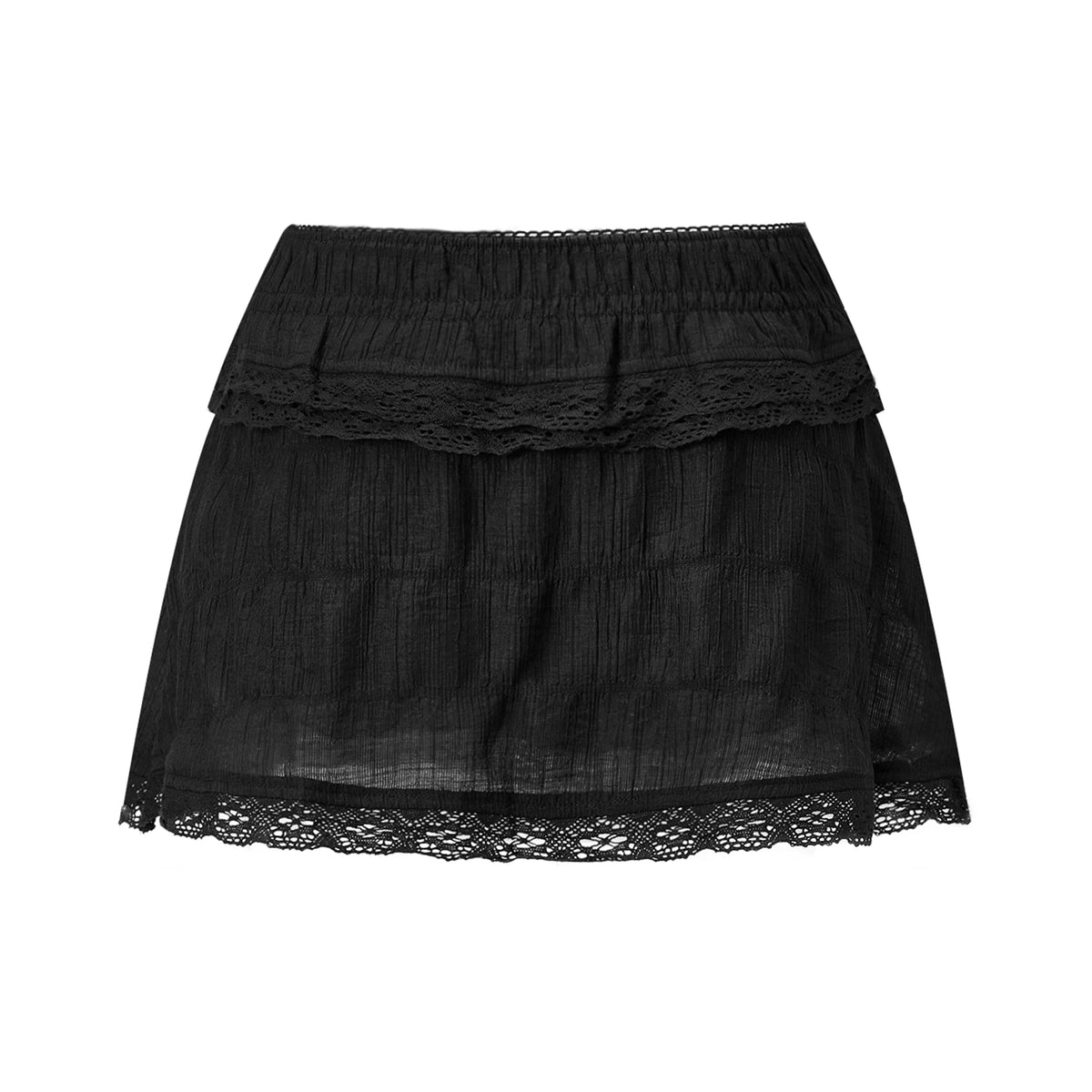 Women Lace Ruffle Tiered Mini Skort Elastic Waist Low Rise Flowy Micro Skirt Y2K Summer Casual Skirt With Inner Shorts