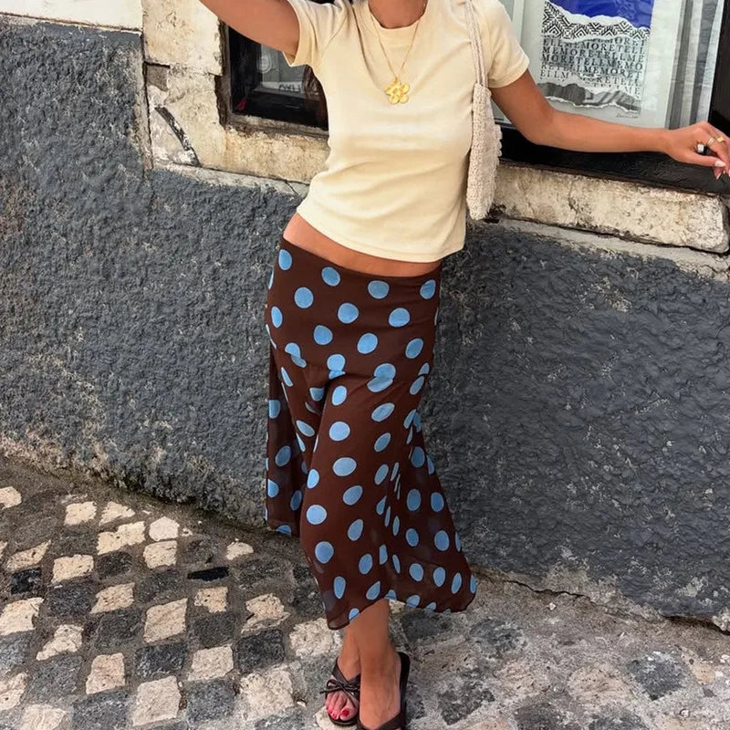 Elegant Blue Polka Dot Skirt Women's Asymmetrical Chiffon Midi Skirt Y2K Summer Fashion Holiday Party Casual Lady Skirt