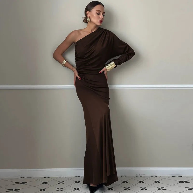 One Shoulder Long Sleeve Maxi Dress Brown Black Dresses Woman Elegant Fall Clothes