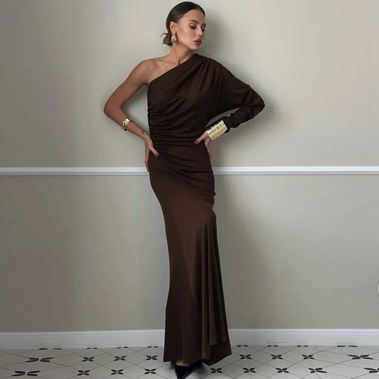 One Shoulder Long Sleeve Maxi Dress Brown Black Dresses Woman Elegant Fall Clothes