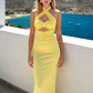 Evening Party Dress Women Elegant Hollow Backless Fashion Classic Halter Ruched Patchwork Sexy Vacation Chic Maxi Bodycon