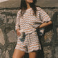 Women Boho Knit Striped Short Sleeve Eyelet Embroidered Hollowed Crop Top and Drawstring Micro Shorts 2 Pcs Matching Set