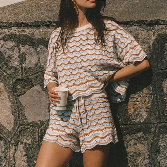 Women Boho Knit Striped Short Sleeve Eyelet Embroidered Hollowed Crop Top and Drawstring Micro Shorts 2 Pcs Matching Set