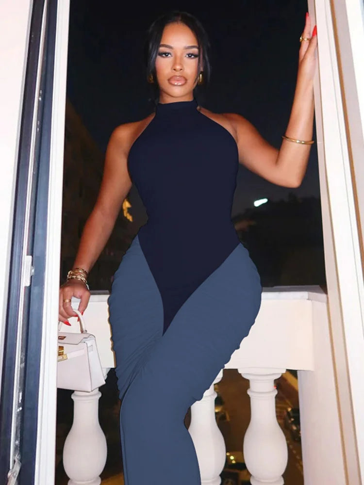 Patchwork Halter Backless Maxi Dress for Dinner Evening Gown Sexy Elegant Party Dresses for Woman Fall 2025