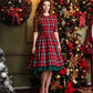 Women Red Plaid Midi Swing Dress Round Neck Half Sleeve A Line Dress With Green Tulle Hem Christmas Holiday Party Dress