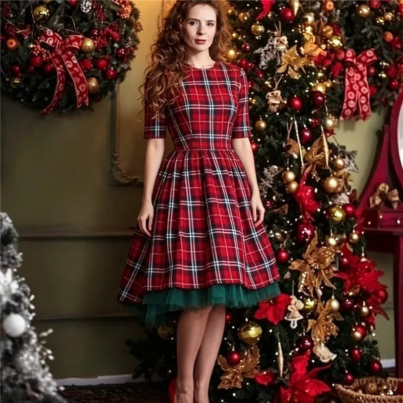 Women Red Plaid Midi Swing Dress Round Neck Half Sleeve A Line Dress With Green Tulle Hem Christmas Holiday Party Dress