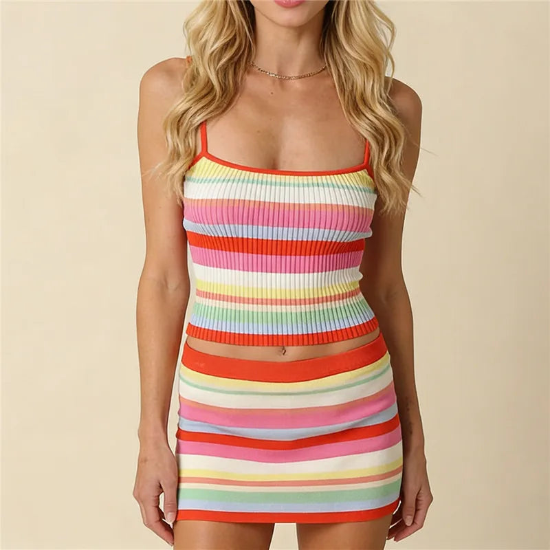 Womens Rainbow Stripe Ribbed Knit 2 Piece Outfit Spaghetti Strap Crop Top+Mini Skirt Set Bodycon Summer CasualStreetwear