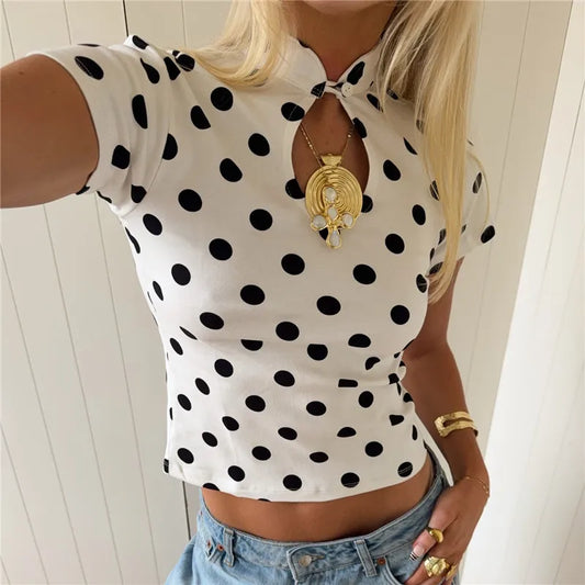 Polka Dot Cheongsam Collar T Shirt For Women Hollow Out Neck Short Sleeve Slim Casual Cropped Top Streetwear Summer Tee
