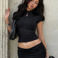 Zipper Shirt Woman Slim Fit Short Sleeve Crop Tops White Black Summer Clothes 2026