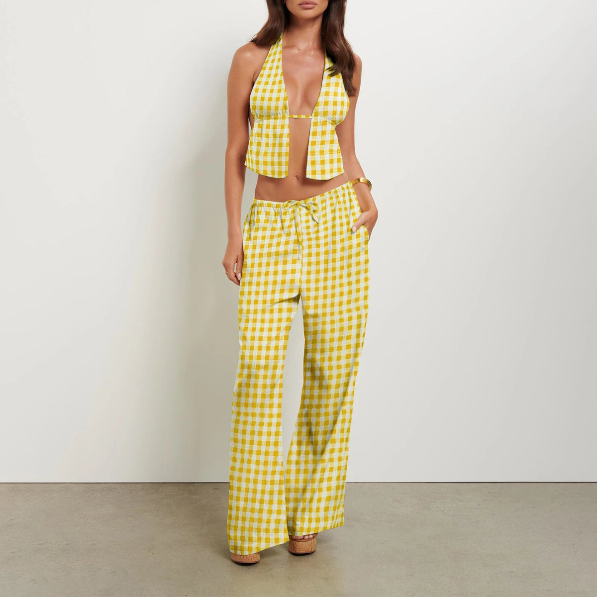 Women Summer Pants Outfits Stripe Tie-Up Halter Neck Backless Sleeveless Tank Tops Wide-Leg Pants 2 Pieces Clothes Set