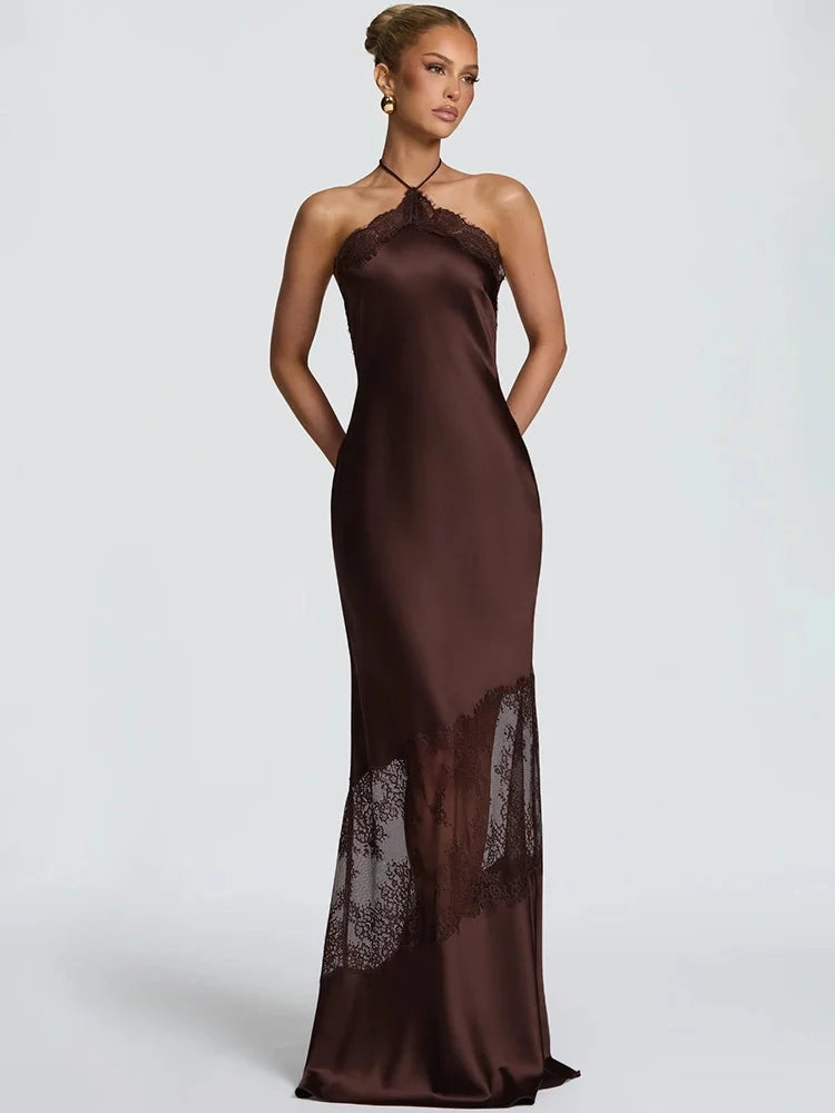 Women Halter Satin Maxi Dress Lace Trim Backless Bodycon Long Evening Party Dress Elegant Formal Wedding Guest Gown