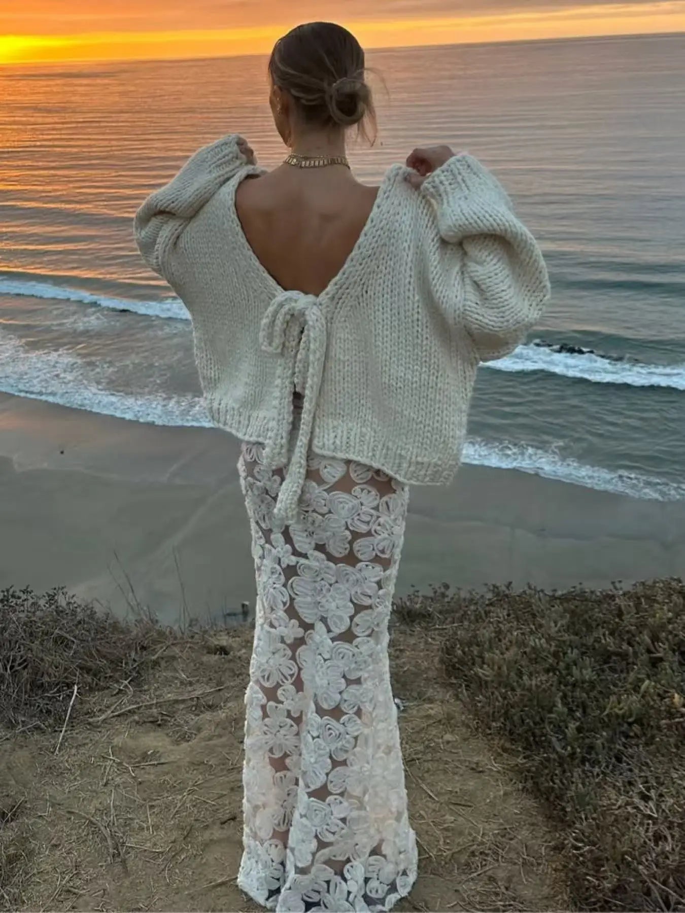 Elegant Sweater Women Autumn Long Batwing Sleeve Backless Lace-Up Two-Way Wear Coarse Needle Solid Gentle Simple Coat