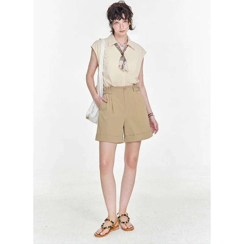 Sleeveless Button-Up Shirt with Scarf Tie, Slim Fit Office Blouse, Elegant Solid Color Workwear Top for Women